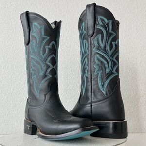 Lane Saratoga Square Toe Cowboy Boots in Black Leather w/ Turquoise Stitching